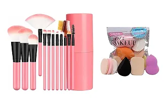 Professional 12 Piece Face and Eye Makeup Brush Set With Storage Barrel - Pink 12 Brushes With 6 in 1 Makeup Sponge Puff Pack - Soft (Pack of 18)-thumb1