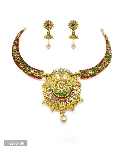 VIVA VIRAL Gold-plated Multi Color Stone Polki-Meena Work with Pendant (Multi-Colour Victory Peacock Design) Embellished With Stones Unique  Ethnic Necklace Set With unique Earrings For Girls  Women