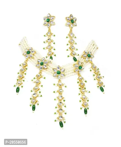 VIVA VIRAL Gold Pated Green and Off White Colour Pearl Chik Set sparkle star Dezine With Long Layerd Latkan Kundan Work With Ethnic Long Light Weight Pair Of Earrings Necklace Set For WOMAN  GIRLS