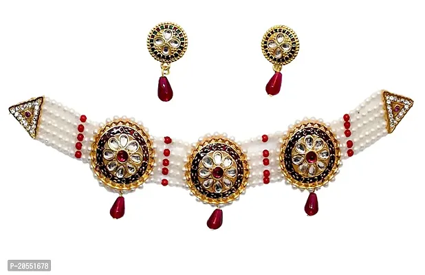 VIVA VIRAL Unique Gold Pated Red and White Pearl Choker cum Necklace Set (Shining Flower Design) with Beautiful Pair Of Earrings Specially For WOMAN  GIRLS