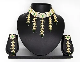 VIVA VIRAL Gold Pated Green and Off White Colour Pearl Chik Set sparkle star Dezine With Long Layerd Latkan Kundan Work With Ethnic Long Light Weight Pair Of Earrings Necklace Set For WOMAN  GIRLS-thumb1