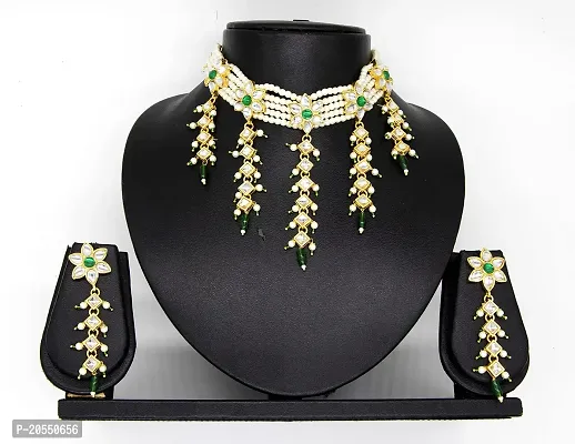 VIVA VIRAL Gold Pated Green and Off White Colour Pearl Chik Set sparkle star Dezine With Long Layerd Latkan Kundan Work With Ethnic Long Light Weight Pair Of Earrings Necklace Set For WOMAN  GIRLS-thumb2