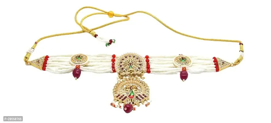 VIVA VIRAL Pearl Kundan Stone Peacock design with double layer of red peacock pandel, beeded with handcrafted pearl layer Jewellery Set For Women