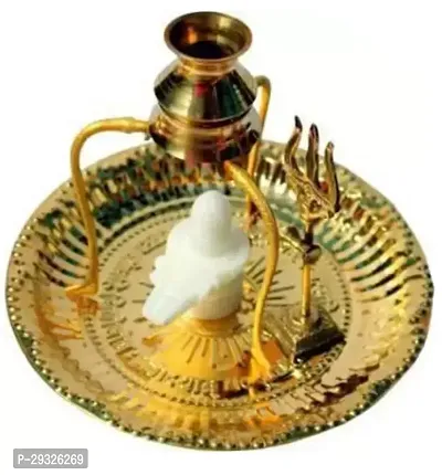 Marble Shivling with Brass Plate, Kalash with Stand/trishul Brass for Religious Purpose 12 Cm  (brass, Gold)-thumb0