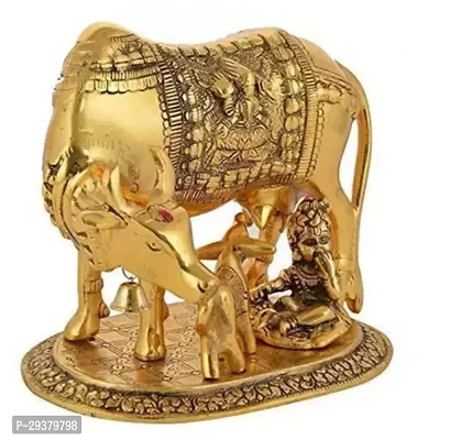 Cow and Calf with Krishna Brass Like Metal Showpiece for Decorative Gift Items Gold Big Decorative Showpiece - 12 cm  (Metal, Gold)