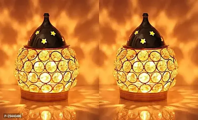 Set of 2 Brass Akhand Diya, Diamond Crystal Deepak/Dia, Akhand Jyot, Decorative Crystal Oil Lamp