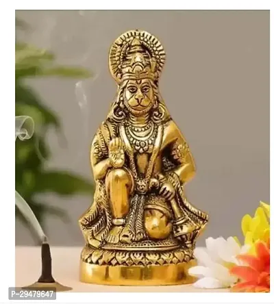 Hanuman ji Statue Sitting in Metal Idol Bajrangbali Murti Gift Article Decorative Showpiece - 16 cm  (Metal, Gold)-thumb0