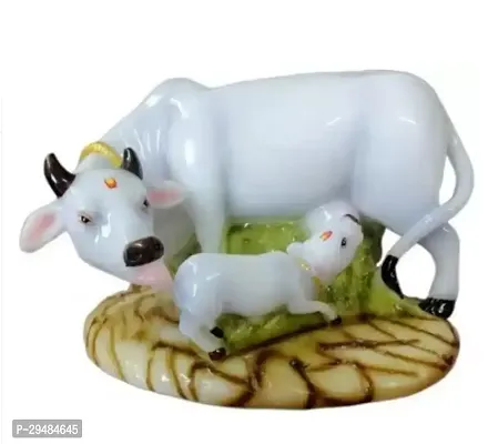 Cow With Calf Decorative Showpiece - 8 cm  (Polyresin, White)