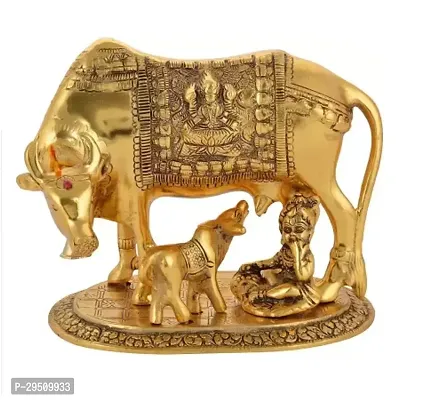 Gold Plated Hindu Religious Laxmi Ganesh Kamdhenu Cow with Calf and Laddu Gopal Decorative Showpiece-thumb0