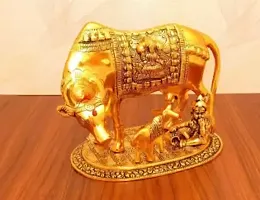 Gold Plated Hindu Religious Laxmi Ganesh Kamdhenu Cow with Calf and Laddu Gopal Decorative Showpiece-thumb1