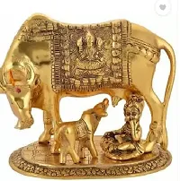 Golden Brass Kamdhenu Cow with Laddu Gopal Decorative Showpiece - 15 Cm-thumb1