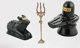 Marble Stone Shivling Nandi with Brass Shiv Trishul for Temple Decorative Showpiece - 7.5cm-thumb1