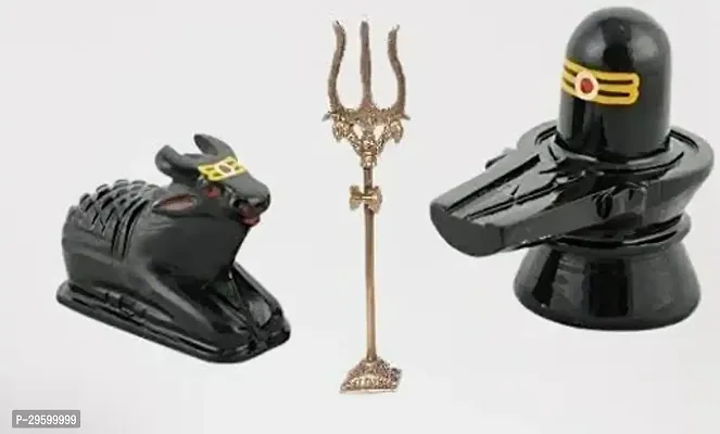 Marble Stone Shivling Nandi with Brass Shiv Trishul for Temple Decorative Showpiece - 7.5cm-thumb2