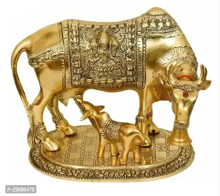 Metal Golden Kamdhenu Cow with Calf Statue Decorative Showpiece - 15 cm