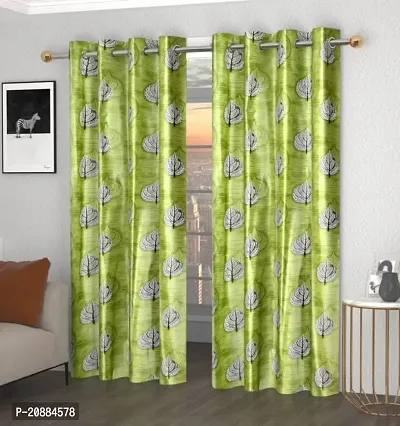 Trend Now Stylish White Leafs Printed Green Polyester Curtains (Pack of 2Pcs) (4times;7 feet, Green)