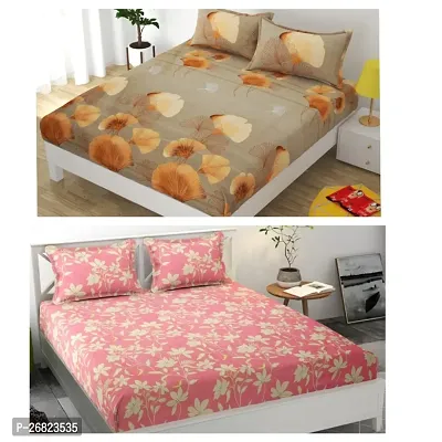 Fancy Glace Cotton Fitted Printed 2 Bedsheets With 4 Pillow Covers Combo