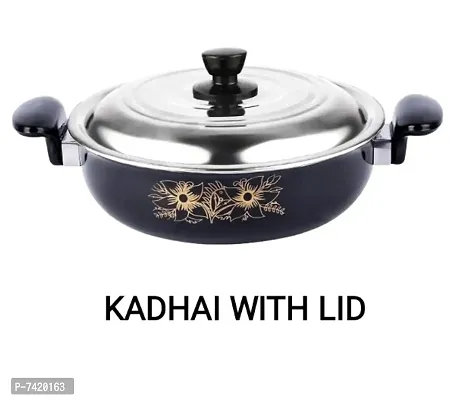 Induction Base Non-Stick Kadhai with lid 26 cm diameter  2.5 L capacity ( Cast iron Non-stick)-thumb0