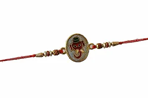 Ghanshyam Rakhi?- Super special red metal round ganesha design for clever bhaiya with rudraksh,beads(set of 1)-thumb1