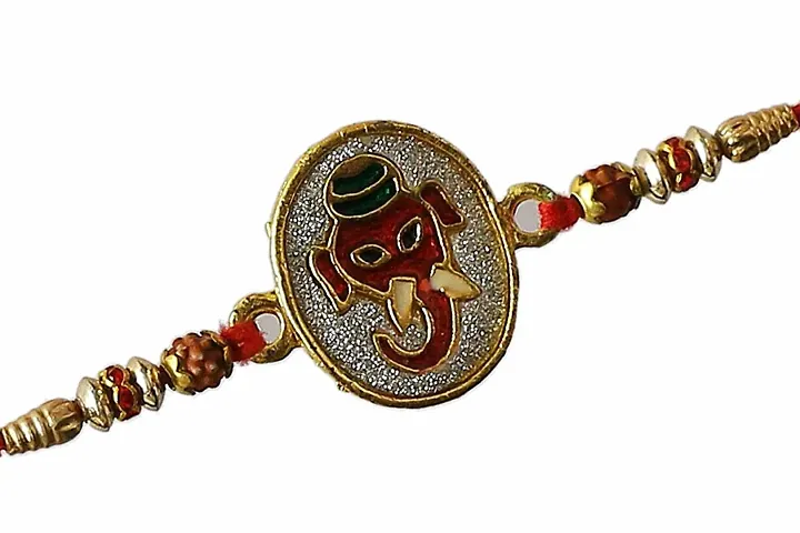 Ghanshyam Rakhi?- Super special red metal round ganesha design for clever bhaiya with rudraksh,beads(set of 1)