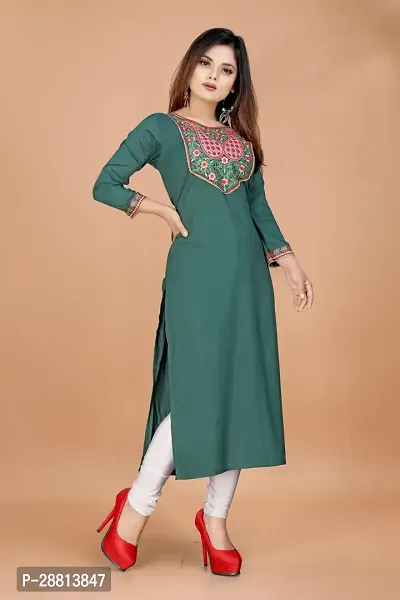 Stylish A-Line Teal Cotton Embroidered Kurta-thumb3