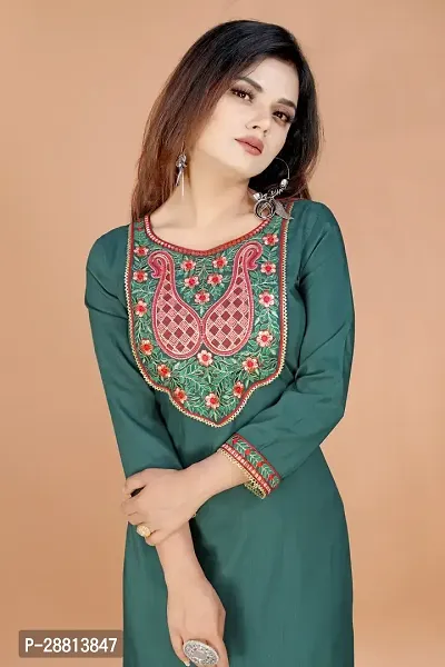 Stylish A-Line Teal Cotton Embroidered Kurta-thumb5