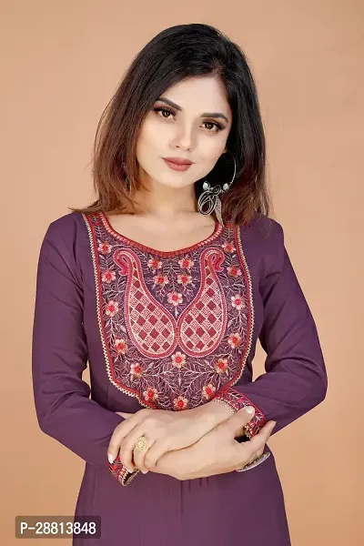 Stylish A-Line Purple Cotton Embroidered Kurta-thumb5