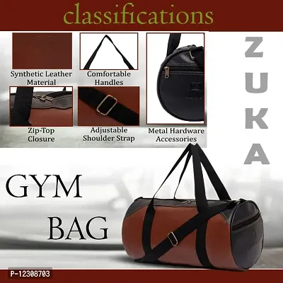 ZUKA PU Leather Gym Duffel Bag | Shoulder Gym Bag | Sports and Travel Bag for Men Women Boys & Girls | Gym Basketball Football Cricket Kit Multipurpose with Side Compartments (Tan Black)-thumb4