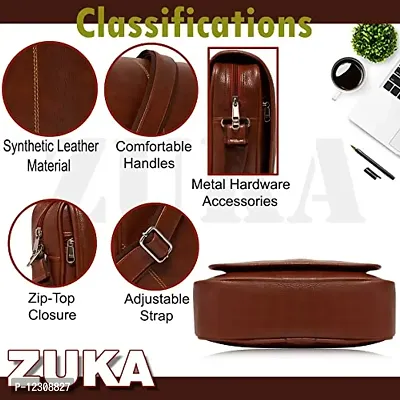 ZUKA PU Leather Sling Cross Body Travel Office Business Messenger One Side Shoulder Bag for Men Women (Black) (Tan)-thumb3