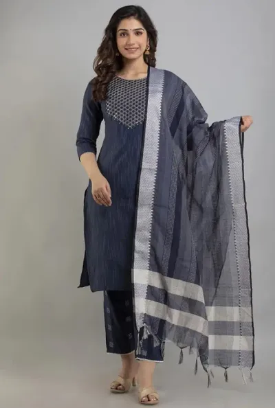 Stylish Khadi Cotton Printed Kurta Bottom Dupatta Set