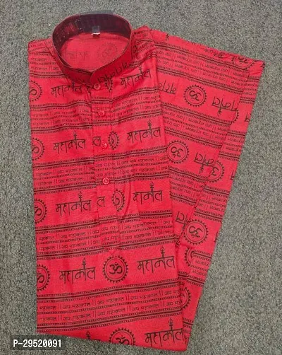 Reliable Red Cotton Blend Printed Short Length Kurta For Men