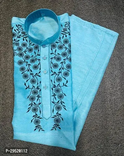 Reliable Blue Silk Blend Printed Knee Length Kurta For Men