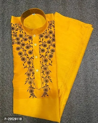 Reliable Yellow Silk Blend Printed Knee Length Kurta For Men