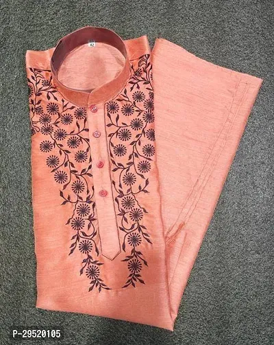 Reliable Peach Silk Blend Printed Short Length Kurta For Men