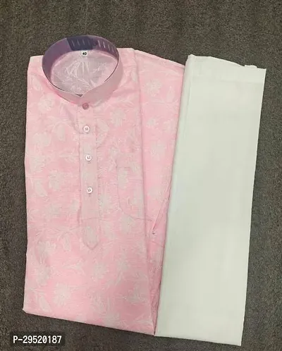 Reliable Pink Cotton Blend Printed Knee Length Kurta Sets For Men