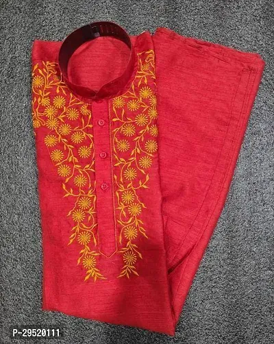 Reliable Red Silk Blend Printed Knee Length Kurta For Men