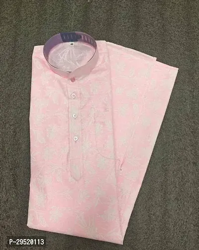 Reliable Pink Cotton Blend Printed Knee Length Kurta For Men