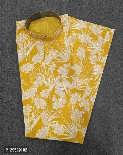 Reliable Yellow Cotton Blend Printed Short Length Kurta For Men-thumb0