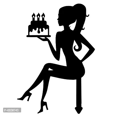 Sitting Girl Birthday Cake Topper/MDF {Wood} / Fine Laser-Cut/L - (Matte Black)