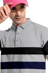 Rudra Fashion Men's Regular Cotton Striped Relaxed Fit Short Sleeve Collared Neck T-Shirt (WH-Grey)-thumb2