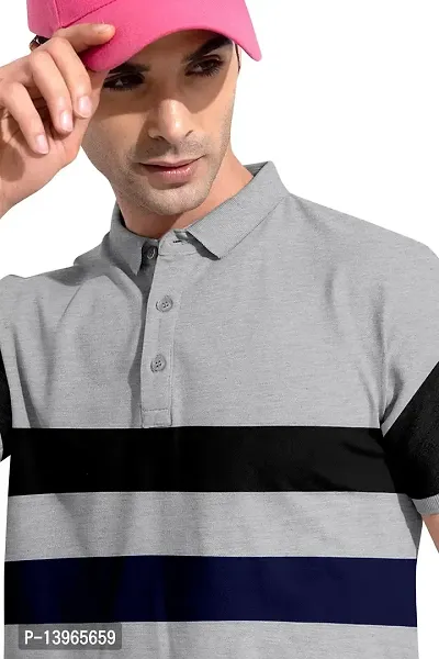 Rudra Fashion Men's Regular Cotton Striped Relaxed Fit Short Sleeve Collared Neck T-Shirt (WH-Grey)-thumb3