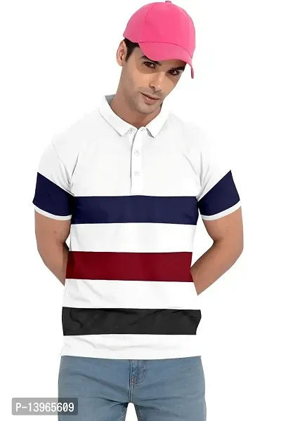 Rudra Fashion Men's Regular Cotton Striped Relaxed Fit Short Sleeve Collared Neck T-Shirt (WH-White)-thumb0