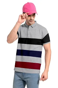 Rudra Fashion Men's Regular Cotton Striped Relaxed Fit Short Sleeve Collared Neck T-Shirt (WH-Grey)-thumb3