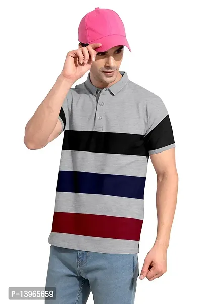 Rudra Fashion Men's Regular Cotton Striped Relaxed Fit Short Sleeve Collared Neck T-Shirt (WH-Grey)-thumb4