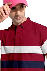 Rudra Fashion Men's Regular Cotton Striped Relaxed Fit Short Sleeve Collared Neck T-Shirt (WH-Maroon)-thumb2