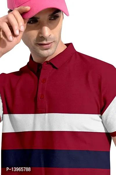 Rudra Fashion Men's Regular Cotton Striped Relaxed Fit Short Sleeve Collared Neck T-Shirt (WH-Maroon)-thumb3