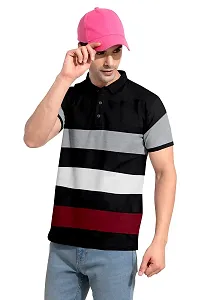 Rudra Fashion Men's Regular Cotton Striped Relaxed Fit Short Sleeve Collared Neck T-Shirt (WH-Black)-thumb4