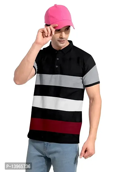 Rudra Fashion Men's Regular Cotton Striped Relaxed Fit Short Sleeve Collared Neck T-Shirt (WH-Black)-thumb5