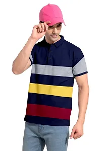 Rudra Fashion Men's Regular Cotton Striped Relaxed Fit Short Sleeve Collared Neck T-Shirt (WH-Navy Blue)-thumb3