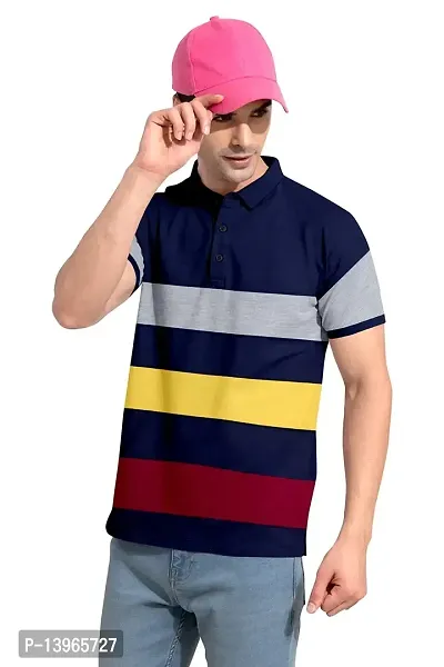 Rudra Fashion Men's Regular Cotton Striped Relaxed Fit Short Sleeve Collared Neck T-Shirt (WH-Navy Blue)-thumb4