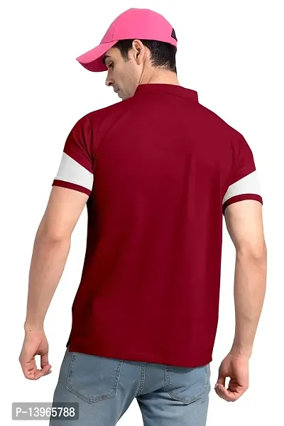 Rudra Fashion Men's Regular Cotton Striped Relaxed Fit Short Sleeve Collared Neck T-Shirt (WH-Maroon)-thumb5